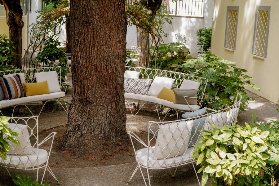 The garden of the residence, with a large tree in the middle of several armchairs.